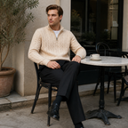 Man wearing the Zaledane outfit at a European cafe