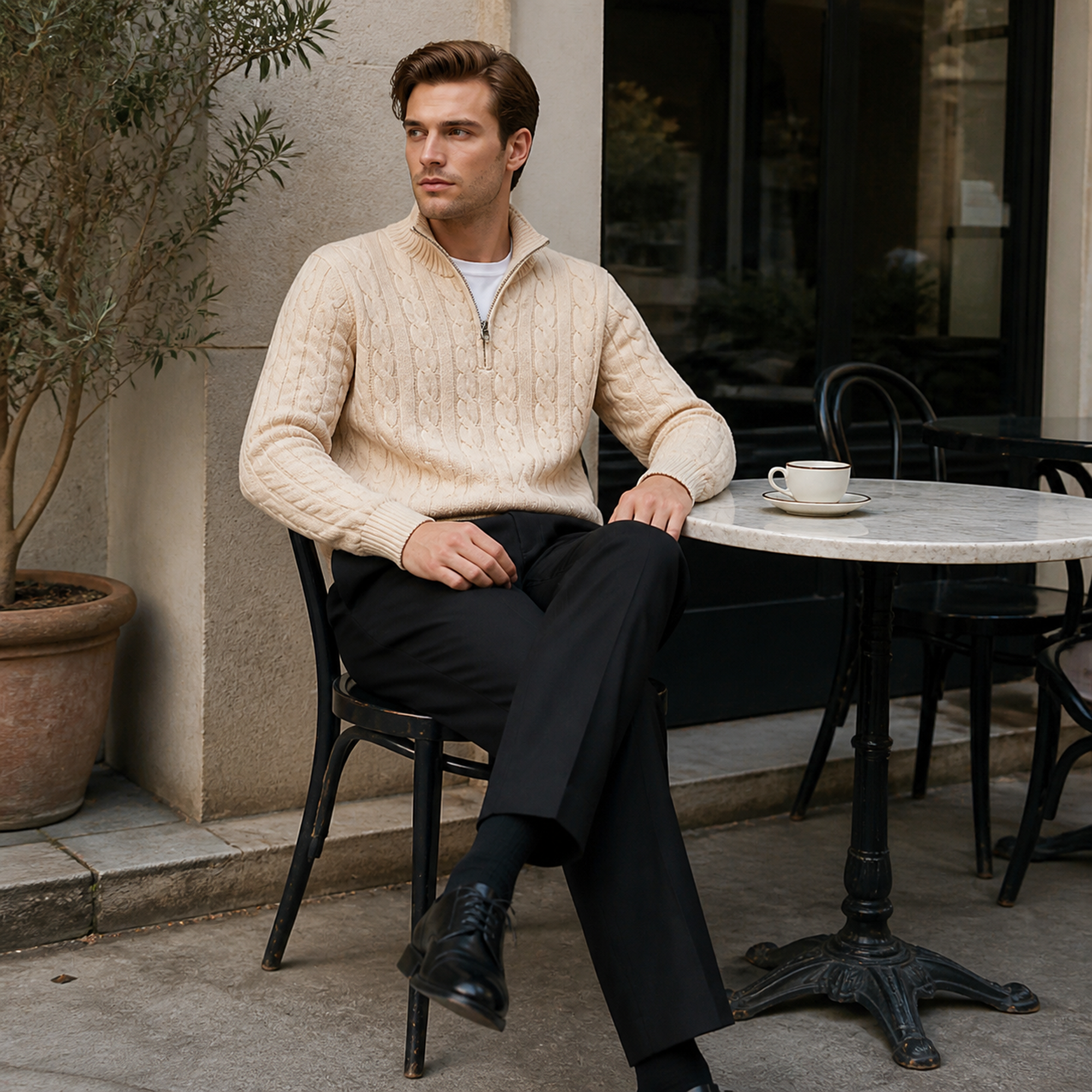 Man wearing the Zaledane outfit at a European cafe