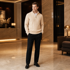 Man wearing the Zaledane outfit in a refined hotel lobby