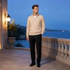 Man wearing the Zaledane outfit on a coastal terrace at blue hour