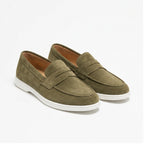 Green Zalemora men's suede penny loafers on a pure white studio background