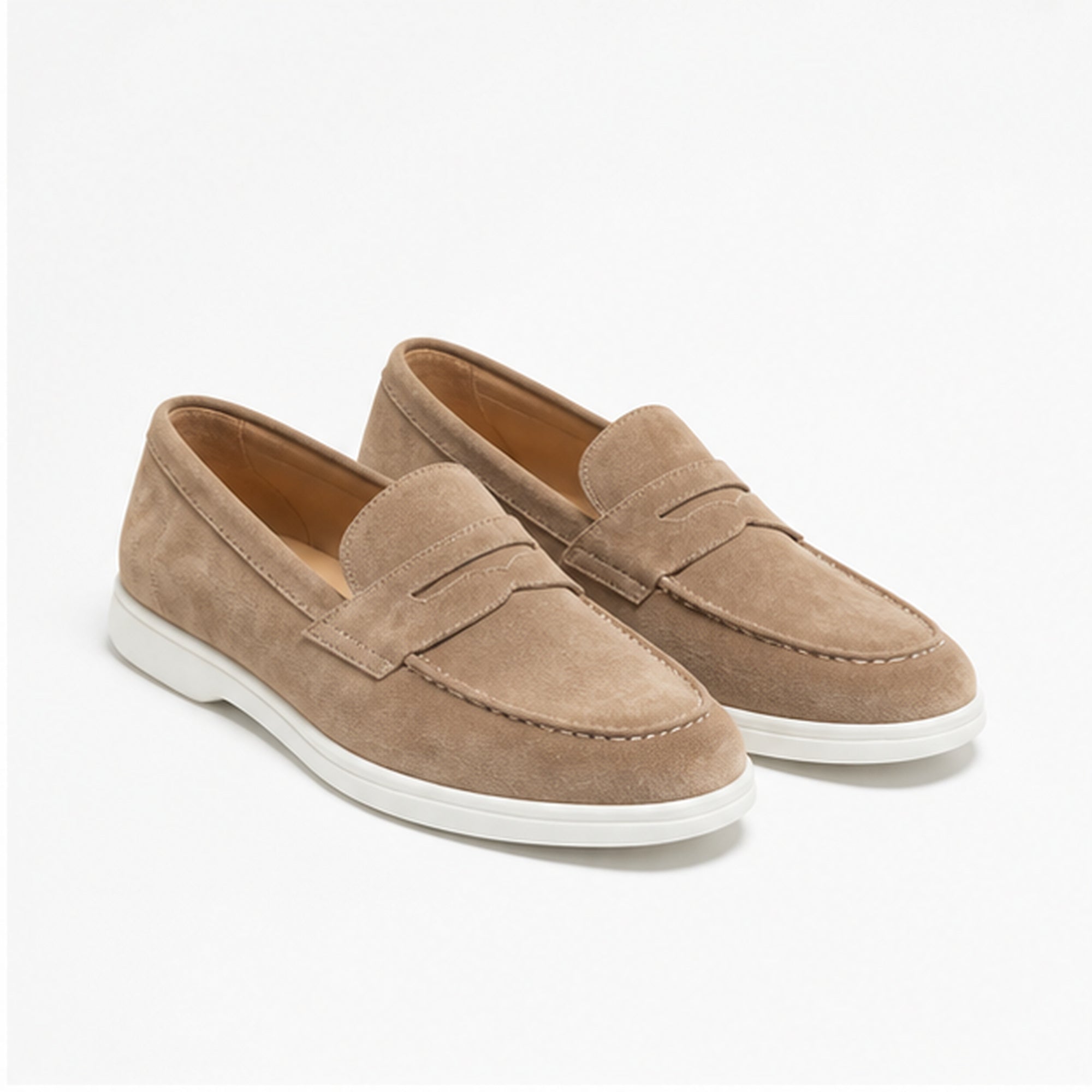 Sand Zalemora men's suede penny loafers on a pure white studio background