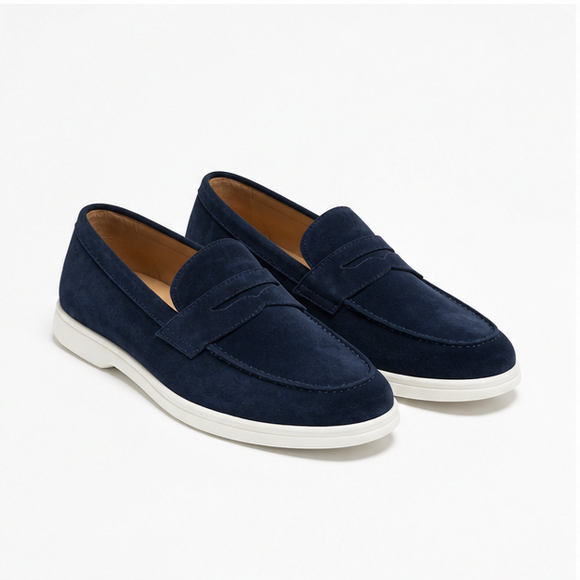 Navy Zalemora men's suede penny loafers on a pure white studio background