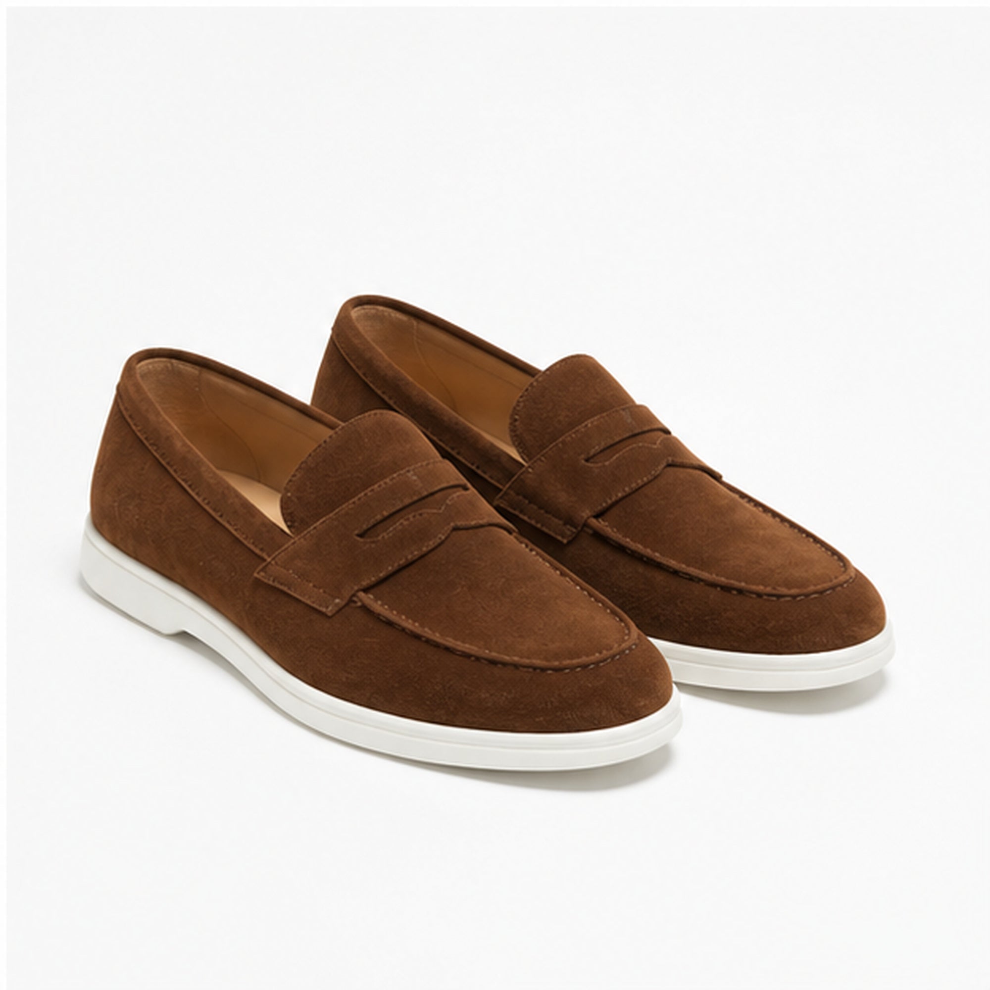 Brown Zalemora men's suede penny loafers on a pure white studio background