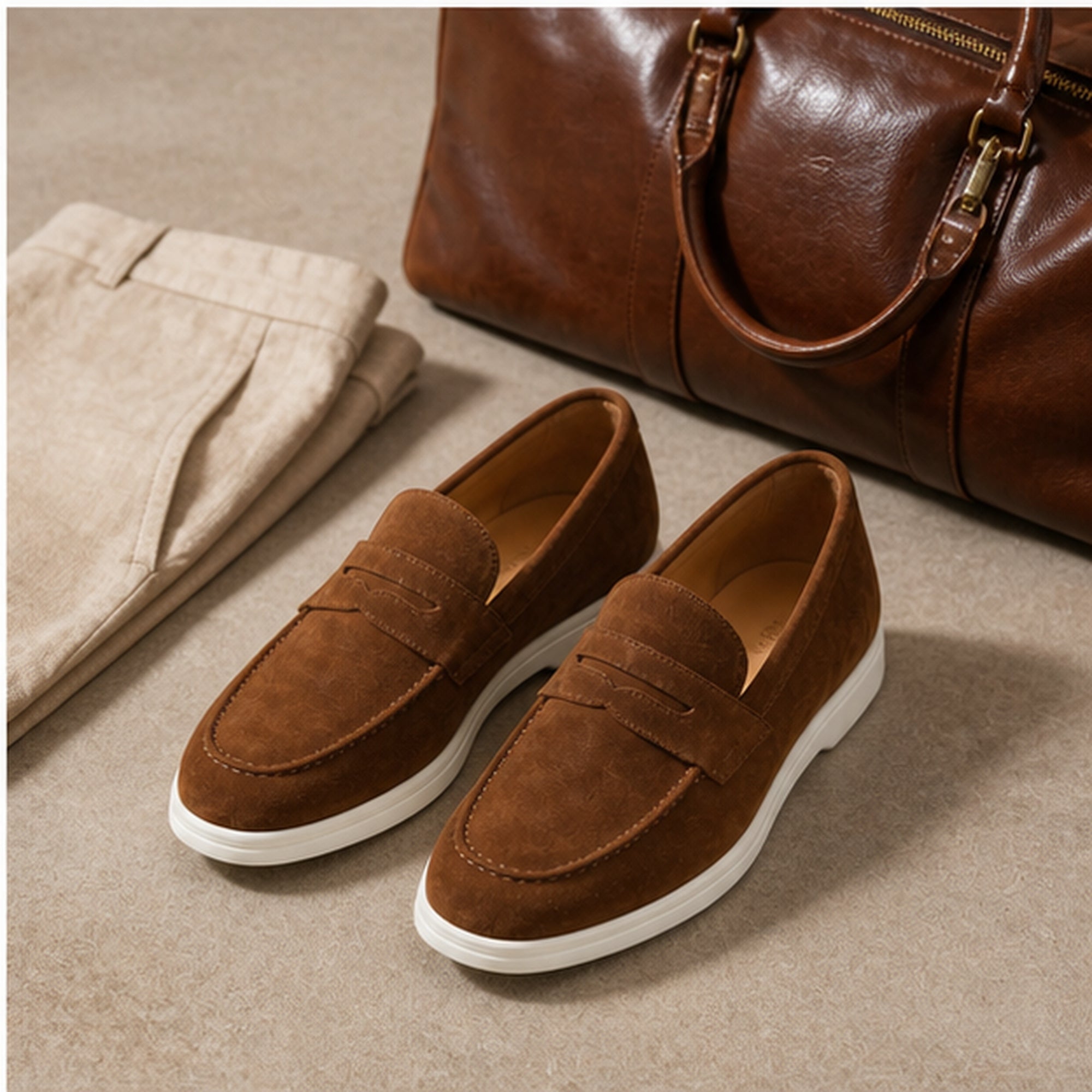 Brown Zalemora suede loafers in a refined travel still life