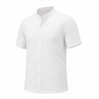 Zalesaro white ribbed band-collar shirt three-quarter view