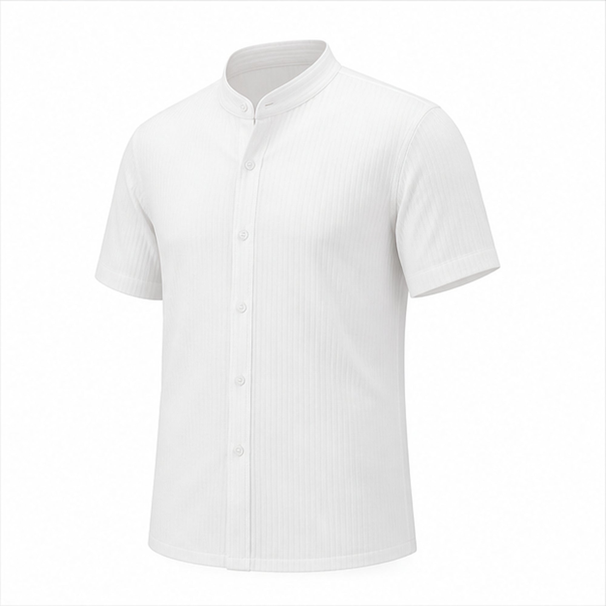 Zalesaro white ribbed band-collar shirt three-quarter view