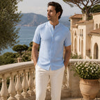 Zalesaro light blue shirt styled on a Mediterranean terrace
