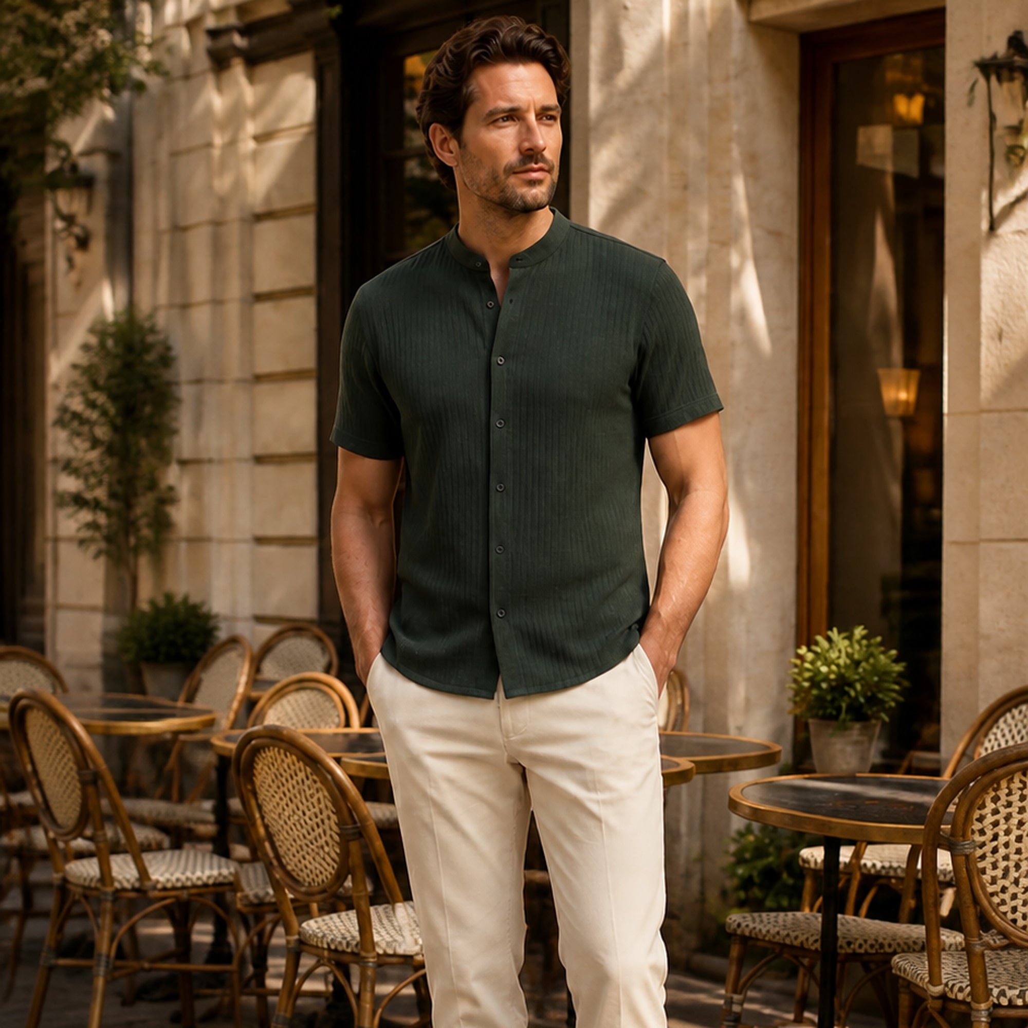 Zalesaro dark green shirt styled outside a European cafe