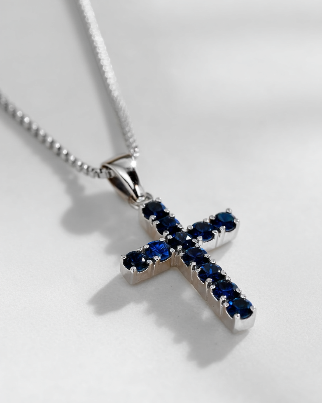 Bruce & Co Blue Zirconia Cross Pendant Necklace, Silver-Tone, 60 cm